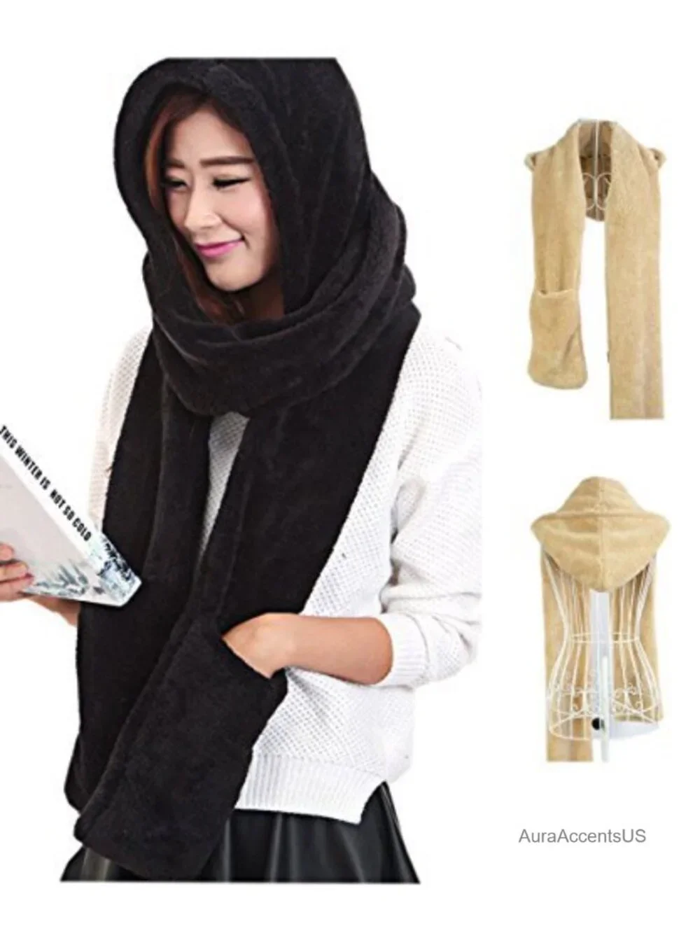 3-in-1 Hooded Scarf with Pockets Hat Scarf Gloves Set Warm Coral Velvet